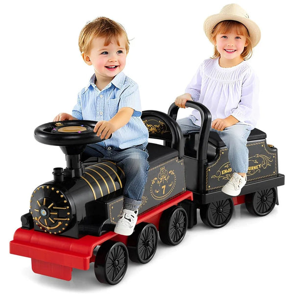 6V 2 Seater Ride On Train with Detachable Carriage, Under Seat Storage, Whistle & Flashing LED Lights, Trackless Electric Ride On Toy for Kids