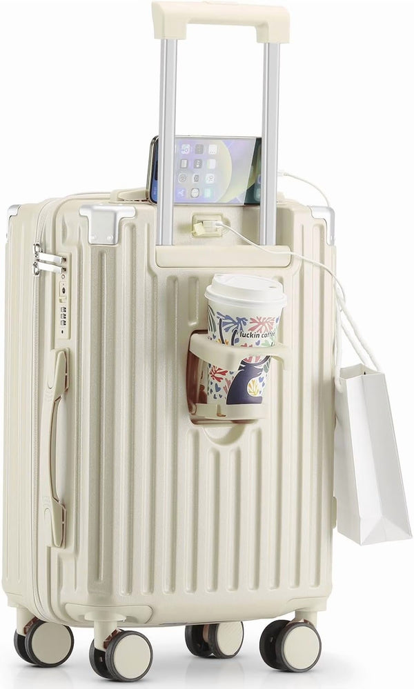20 in Carry on Luggage with Cup Holder & USB Port, Airline Approved TSA Locked Luggage, Lightweight PC Material Travel Suitcase