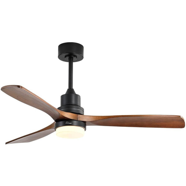 52 inch Indoor and Outdoor Downrod Solid Wood Ceiling Fan with Remote, Integrated Light Optional with Integrated Light Black with Brown Blades