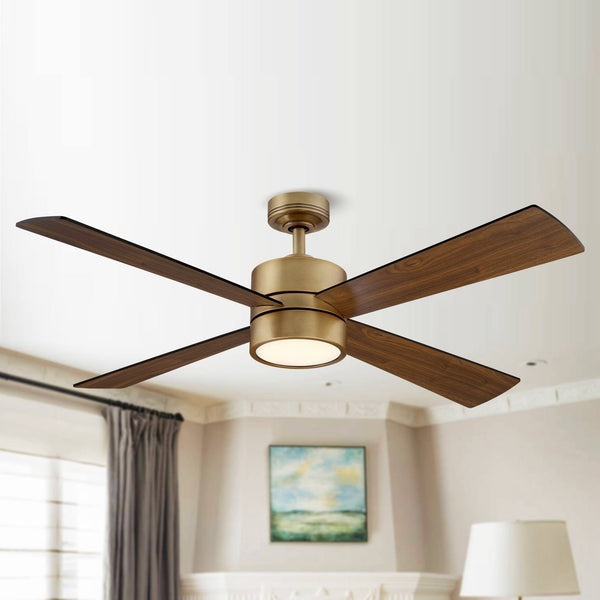 52" Wooden 4 Blade Brushed Brass LED Ceiling Fan with Remote Walnut
