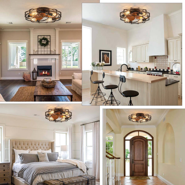 20 in. Modern Farmhouse Ceiling Fan Light with Remote 4-Light Black Cage Wood Grain Rustic Indoor Fandelier for Bedroom Black Flush Mount Light